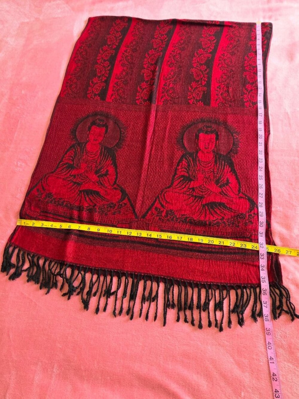 Buddha Pattern Red & Black Rayon Shawl Scarf Wrap With Fringe - 70" x 26" - Picture 4 of 12